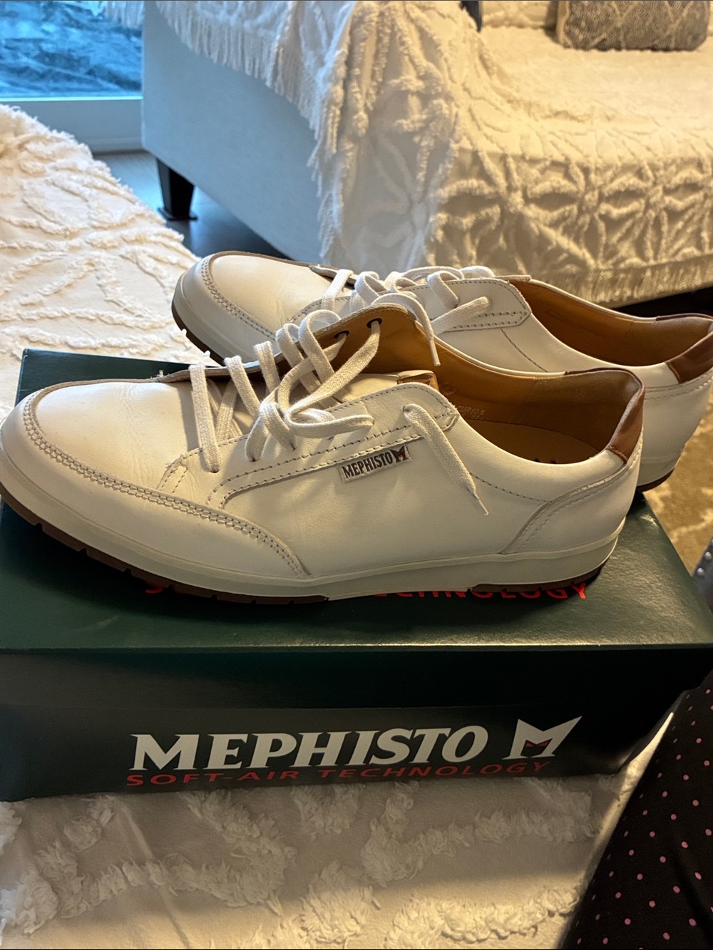 Mephisto White Leather Slip-On Lace Casual Shoes with Tan Heel Accent